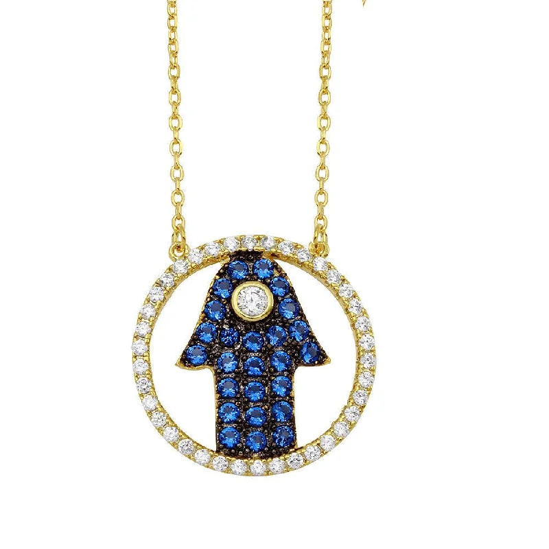 Best necklaces and pendants with art deco elements for a vintage, glamorous design-Gold Plated 925 Sterling Silver Open Circle with Blue CZ Hamsa Hand Necklace - BGP01149