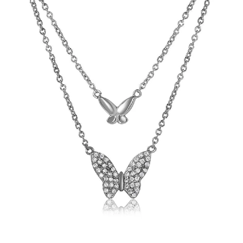 Stunning necklaces and pendants with aquamarine stones for a serene effect-Silver 925 Rhodium Plated Double Butterfly Necklace with CZ - STP01517