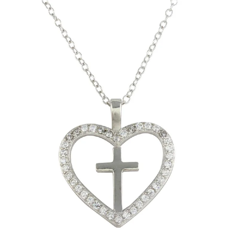 Necklaces and pendants with engraved messages for a deeply personal, sentimental gift-Rhodium Plated 925 Sterling SilverHeart and Cross Necklace with CZ - STP01555