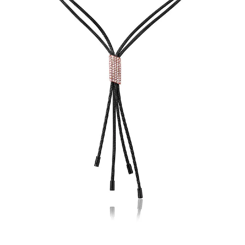 Necklaces and pendants with matching rings for a coordinated set of jewelry-Silver 925 Black Rhodium Plated Multi Strands Rose Gold CZ Encrusted Bar Lariat Italian Necklace - ECN00005BR