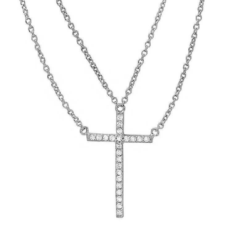 Necklaces and pendants with custom designs for a completely unique jewelry piece-Rhodium Plated 925 Sterling Silver Multi Chain CZ Cross Necklace - STP01522