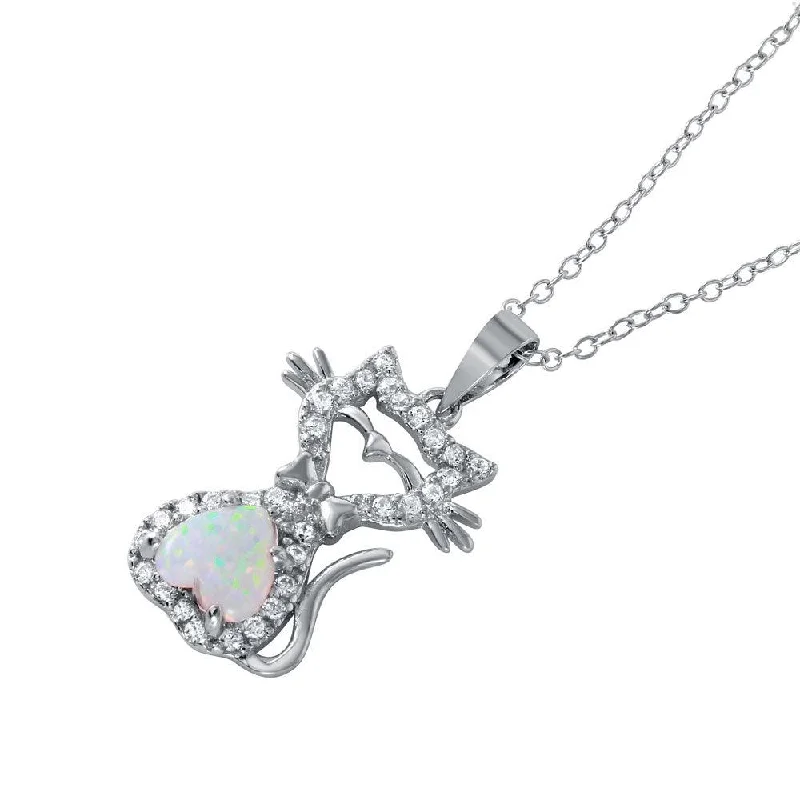 Unique necklaces and pendants with tree of life motifs for nature-inspired elegance-Silver 925 Rhodium Plated Heart Opal Kitty Pendant Necklace - BGP01042