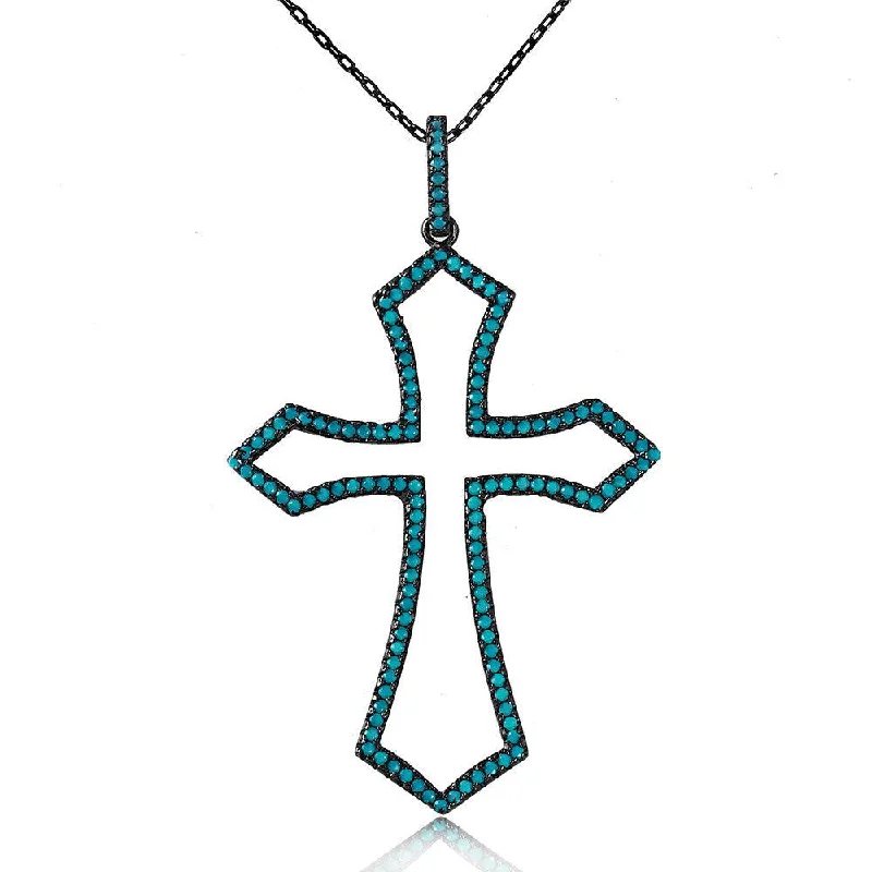 Stunning necklaces and pendants with amethyst gemstones for a calming effect-Silver 925 Black Rhodium Open Cross Necklace with Synthetic Turquoise Stone - STP01508