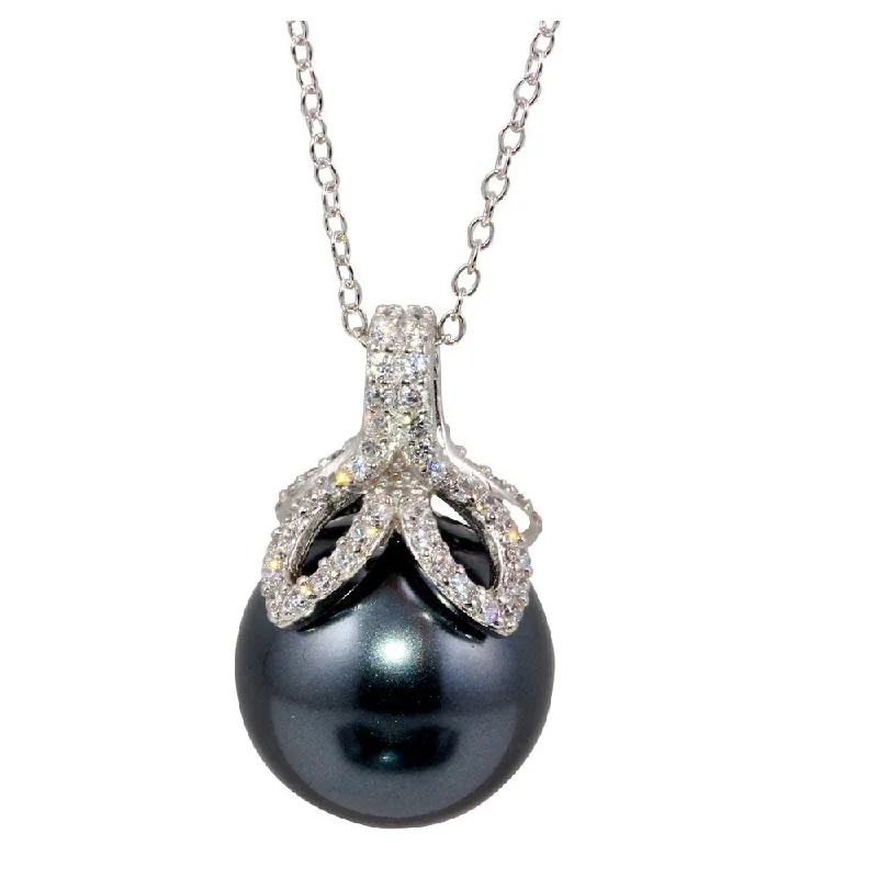 Necklaces and pendants with enamel accents for a colorful, eye-catching appearance-Rhodium Plated 925 Sterling Silver Grey Pearl Pendant Necklace with CZ - BGP01245