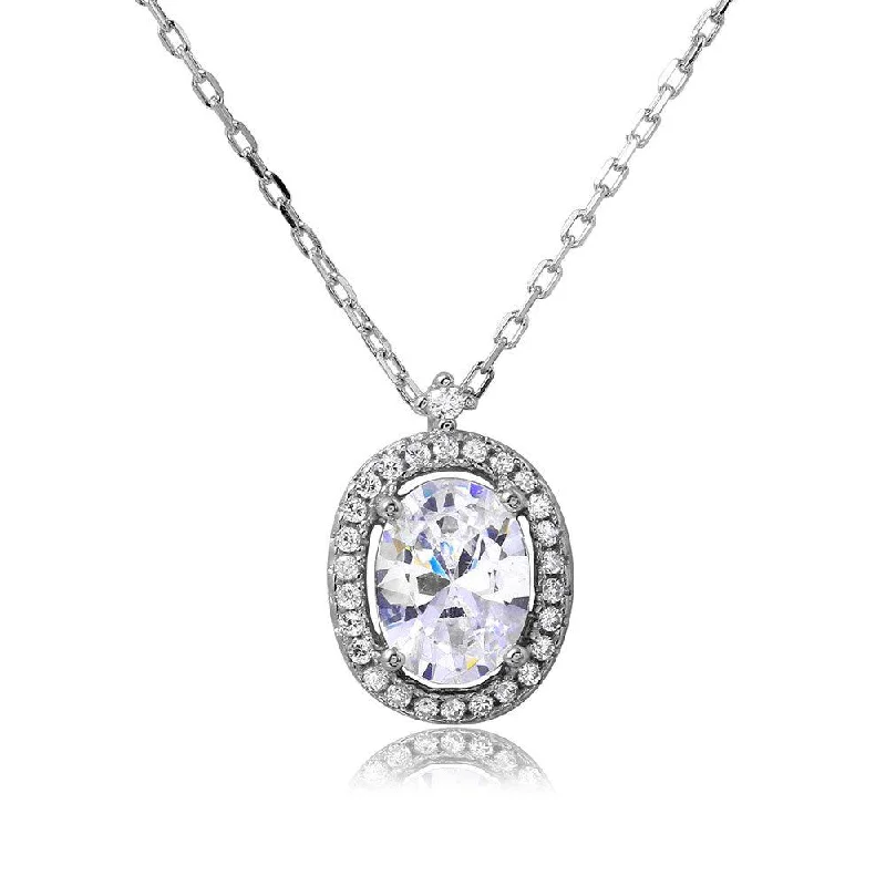 Best necklaces and pendants with opal gemstones for an iridescent glow-Rhodium Plated 925 Sterling Silver Oval Halo CZ Necklace - BGP01092