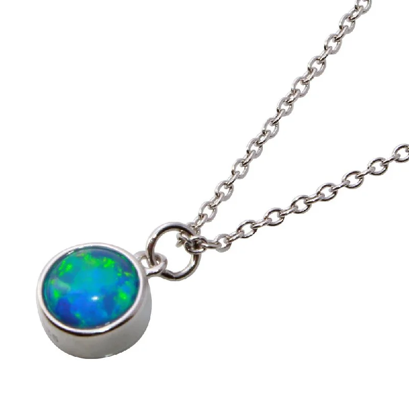 Stunning necklaces and pendants with ruby gemstones for a luxurious red hue-Rhodium Plated 925 Sterling Silver Collar with Dropped Round Blue Opal Necklace - STP01580RH