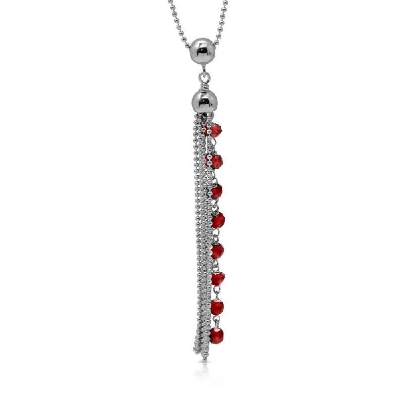 Best necklaces and pendants with cubic zirconia for a budget-friendly dazzling effect-Rhodium Plated 925 Sterling Silver Bead Chain with Dropped Red Bead Necklace - DIN00068RH-GR