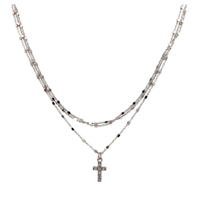 Necklaces and pendants with leaf-shaped designs for an earthy, organic feel-Rhodium Plated 925 Sterling Silver Triple Chain Cross Necklace with Beads and CZ - ITN00122RH