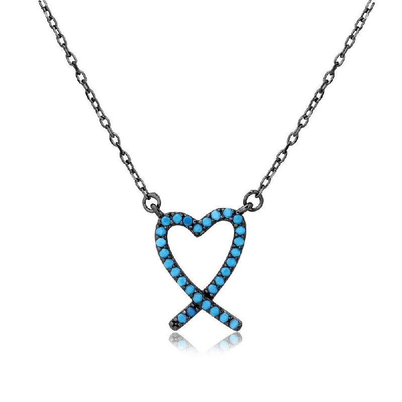 Elegant necklaces and pendants with infinity symbols for timeless designs-Silver 925 Black Rhodium Open Heart Necklace with Turquoise Stones - BGP01111