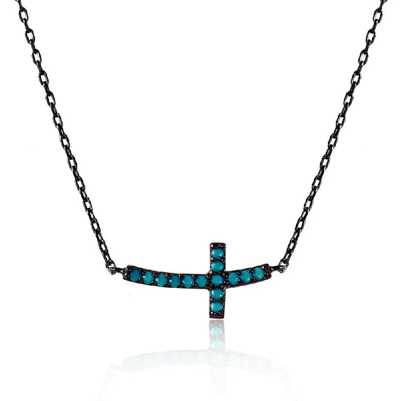 Best necklaces and pendants with emerald gemstones for a rich, sophisticated design-Silver 925 Black Rhodium Plated Sideways Cross Necklace with Synthetic Turquoise Stones - STP01514