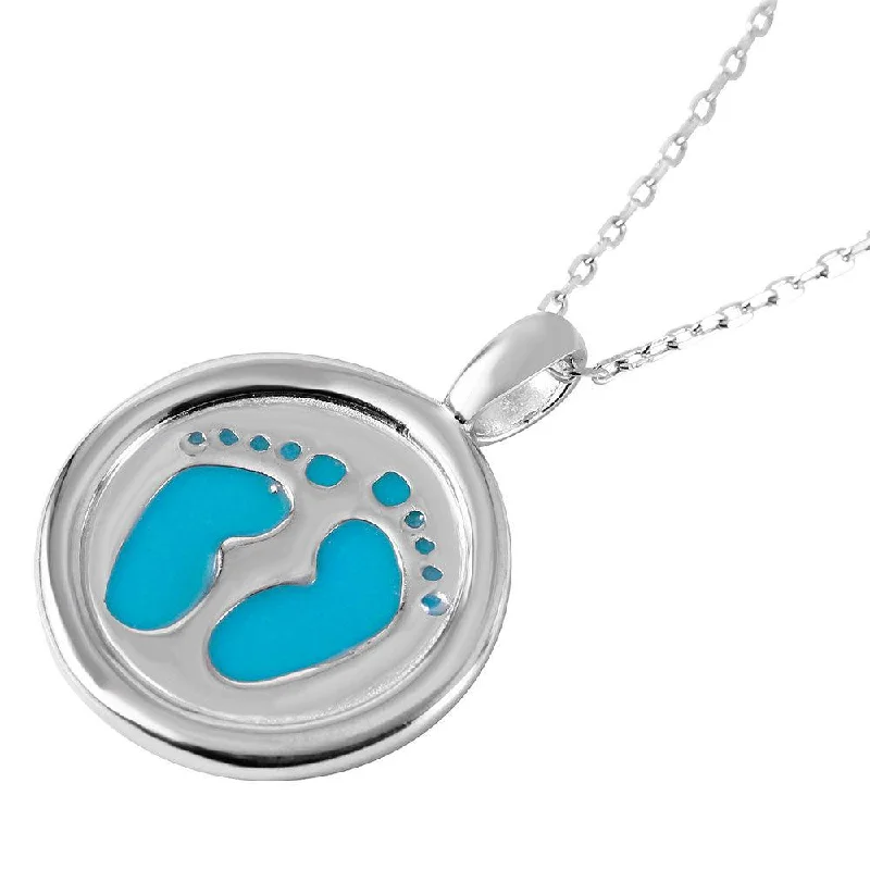 Beautiful necklaces and pendants with diamond halo settings for extra brilliance-Silver 925 Rhodium Plated Disc Blue Enamel Foot Print Designed Necklace - BGP00952BLU