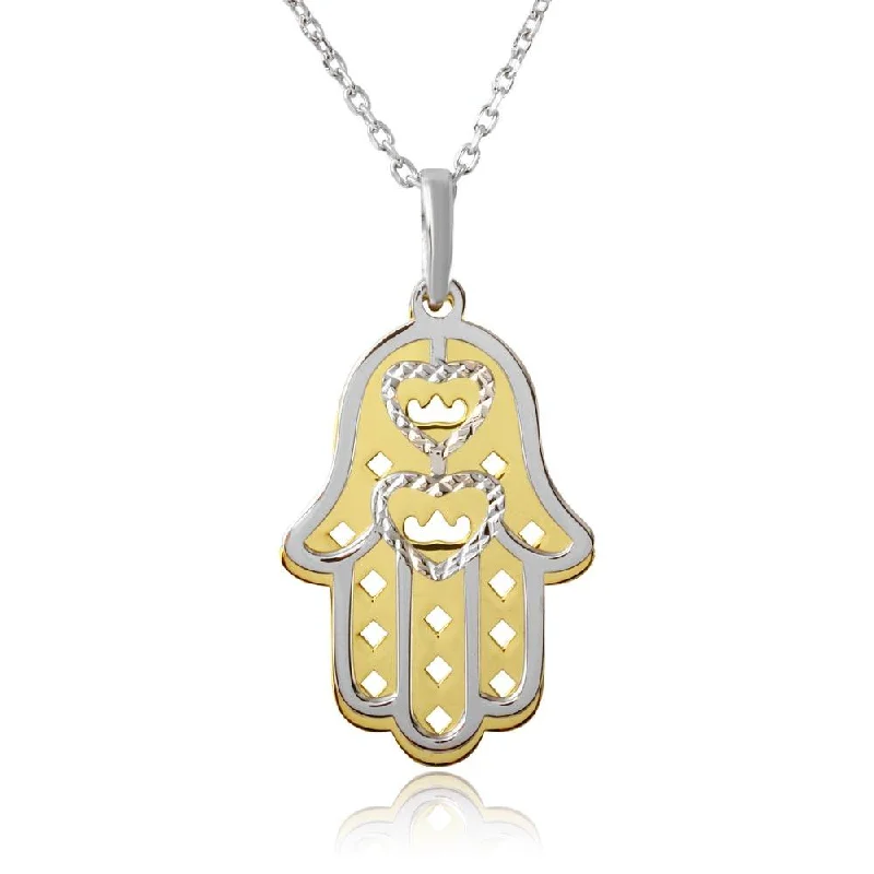 Best necklaces and pendants with floral designs for a feminine and elegant feel-Gold and Rhodium Plated 925 Sterling Silver Hamsa with Open Hearts Necklace - SOP00006