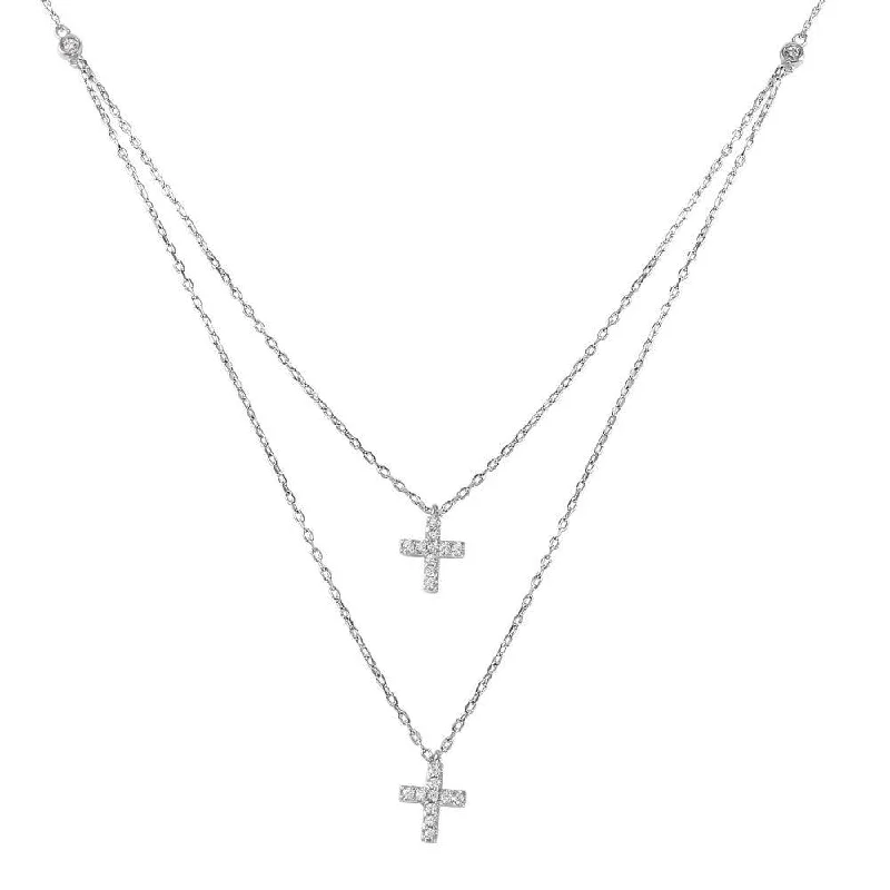 Layered necklaces and pendants for a trendy and fashionable stacked look-Silver 925 Rhodium Plated Two-strand Double Cross CZ Pendant Necklace - STP01482