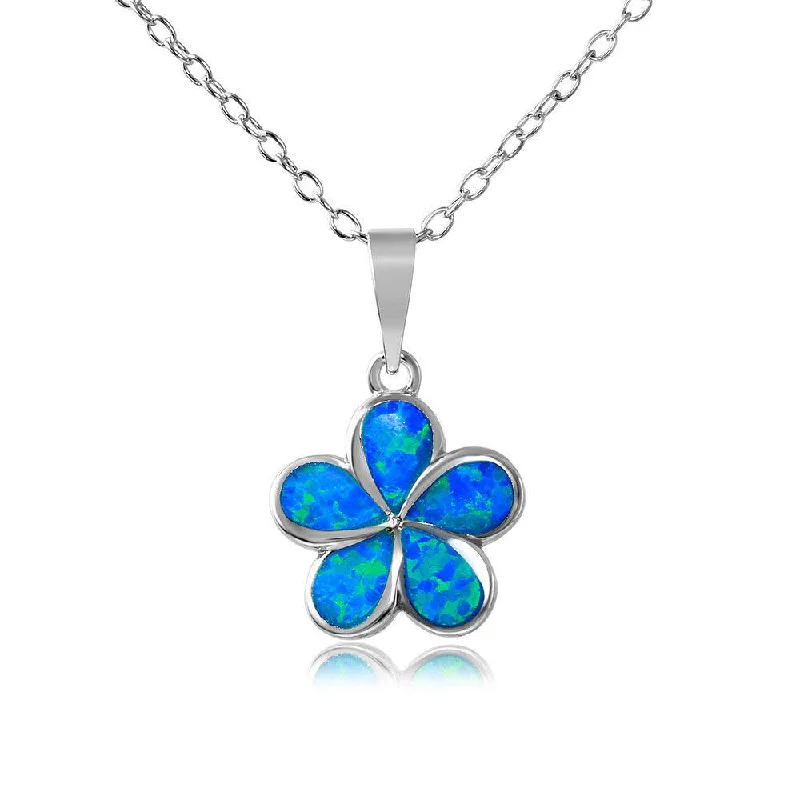 Unique necklaces and pendants with custom birthstone arrangements for personalization-Silver 925 Rhodium Plated Blue Opal Stone Hibiscus Flower Necklace - BGP01075