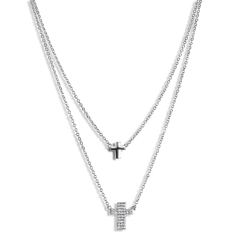 Best necklaces and pendants with heart-shaped lockets for a sentimental keepsake-Silver 925 Rhodium Plated Double Cross Necklace with CZ - STP01516