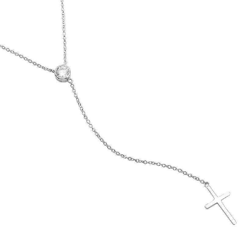 Stunning necklaces and pendants with chakra stones for healing and balance-Silver 925 Rhodium Plated Single CZ Stone with Drop Cross Necklace - STP01519