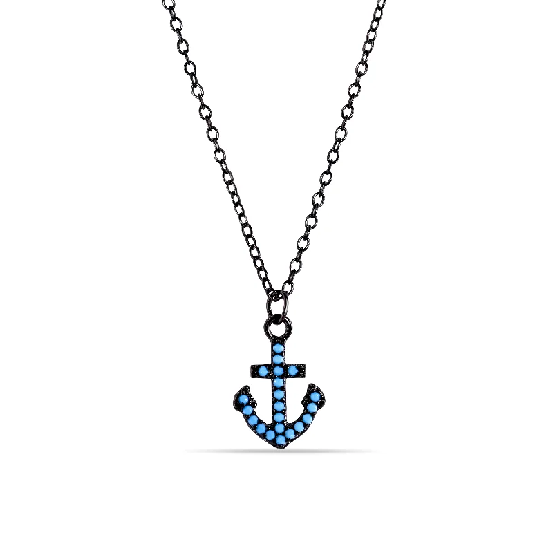 Simple necklaces and pendants with bar pendants for a sleek modern design-Black Rhodium Plated 925 Sterling Silver Anchor Turquoise Stones Necklace - STP01541BP