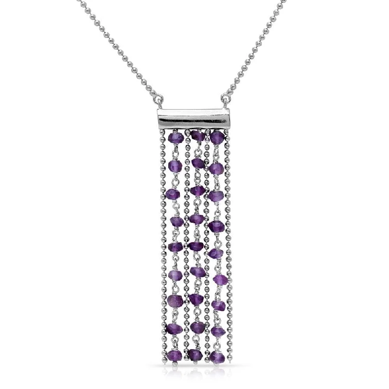 Layered necklaces and pendants for a trendy and fashionable stacked look-Rhodium Plated 925 Sterling Silver Bead Chain Necklace with Dropped Purple Beads - DIN00069RH-AM