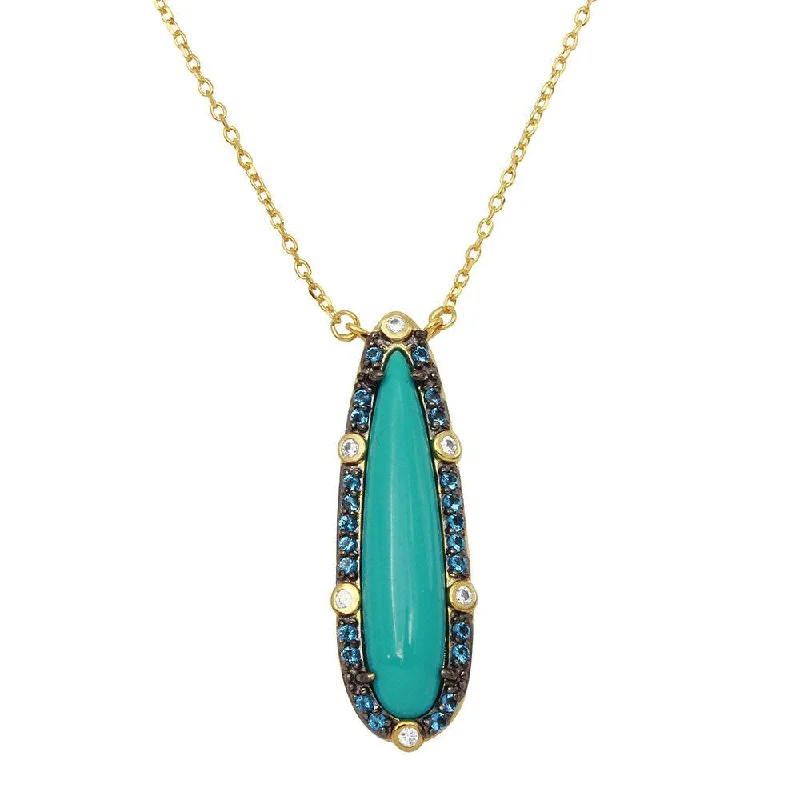 Stunning necklaces and pendants with turquoise and gold for a vibrant, earthy look-Gold Plated 925 Sterling Silver Tear Drop Turquoise Center Stone Necklace with CZ - BGP01140