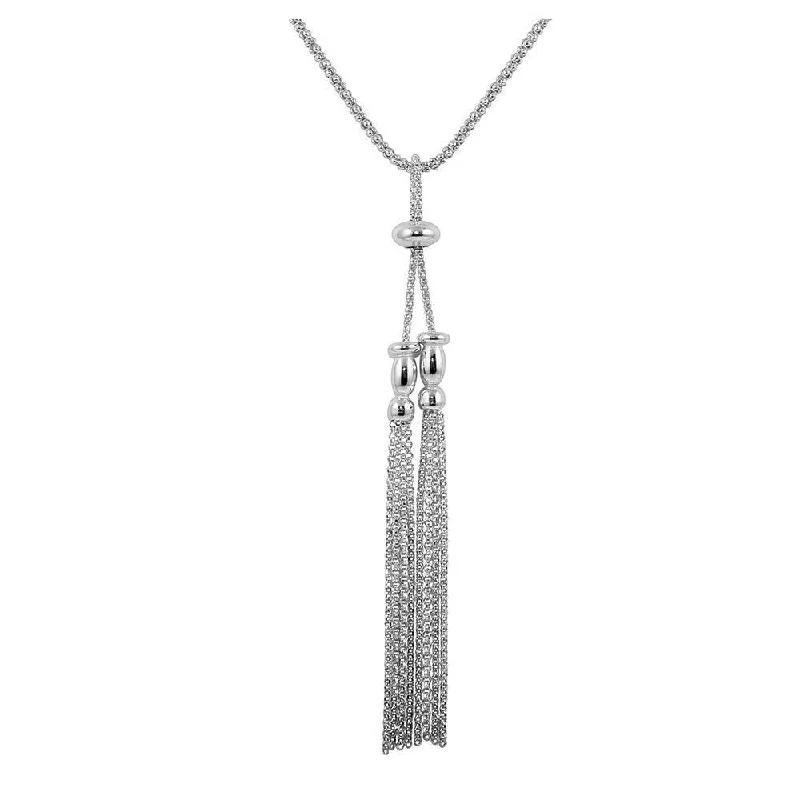 Necklaces and pendants with lotus flower designs for a spiritual, peaceful vibe-Rhodium Plated 925 Sterling Silver Two Tassel Dangling Necklace - ARN00041RH