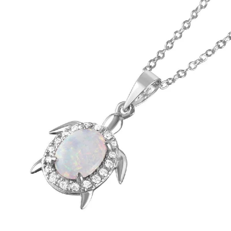 Necklaces and pendants with engraved messages for a deeply personal, sentimental gift-Silver 925 Rhodium Plated Oval Opal Clear CZ Tiny Turtle Pendant Necklace - BGP01048