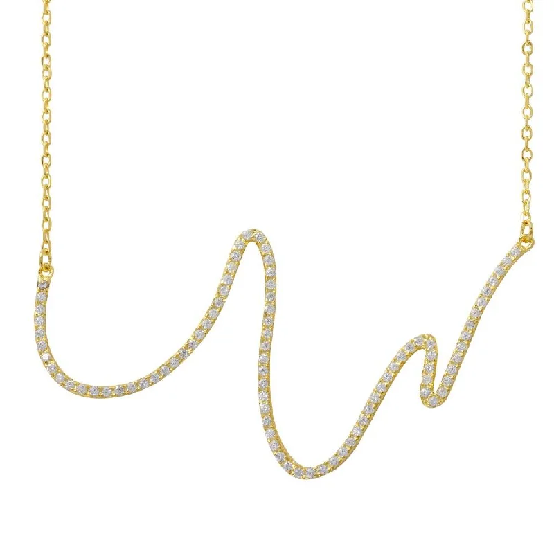 Trendy necklaces and pendants with geometric shapes for a modern aesthetic-Gold Plated 925 Sterling Silver Wave Design with CZ Necklace - BGP01161GP