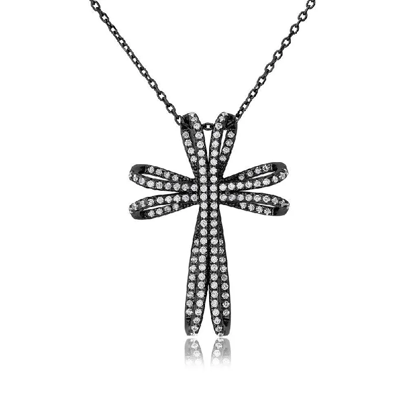 Best necklaces and pendants with adjustable chains for a customizable fit-Silver 925 Black Rhodium Plated CZ Double Cross Necklace - BGP01101