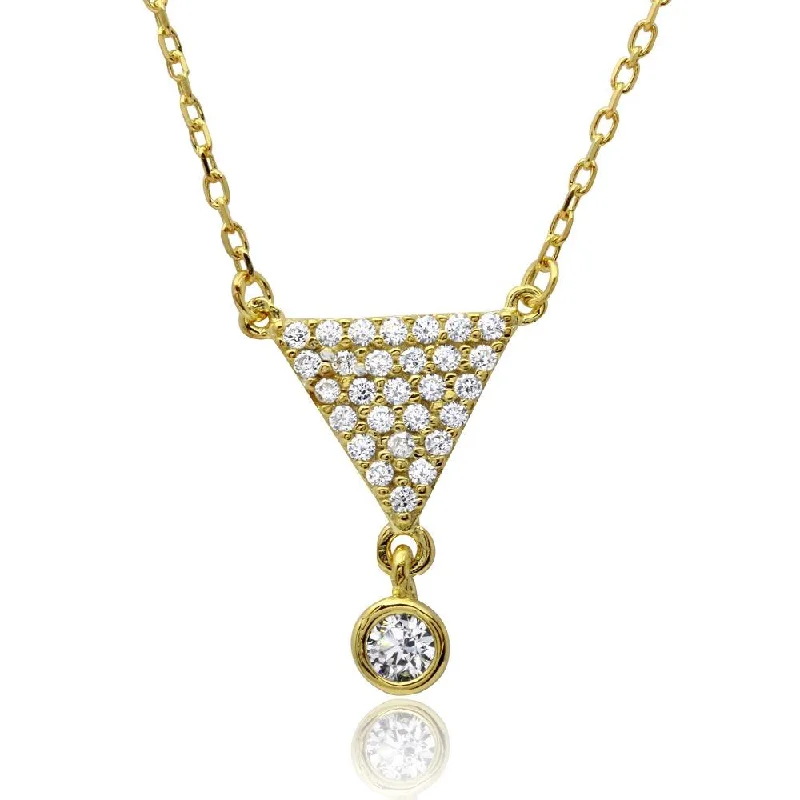 Beautiful necklaces and pendants with layered chains for a fashionable, chic look-Rhodium Plated 925 Sterling Silver CZ Encrusted Triangle Shape Necklace with Dangling Stone - BGP01168