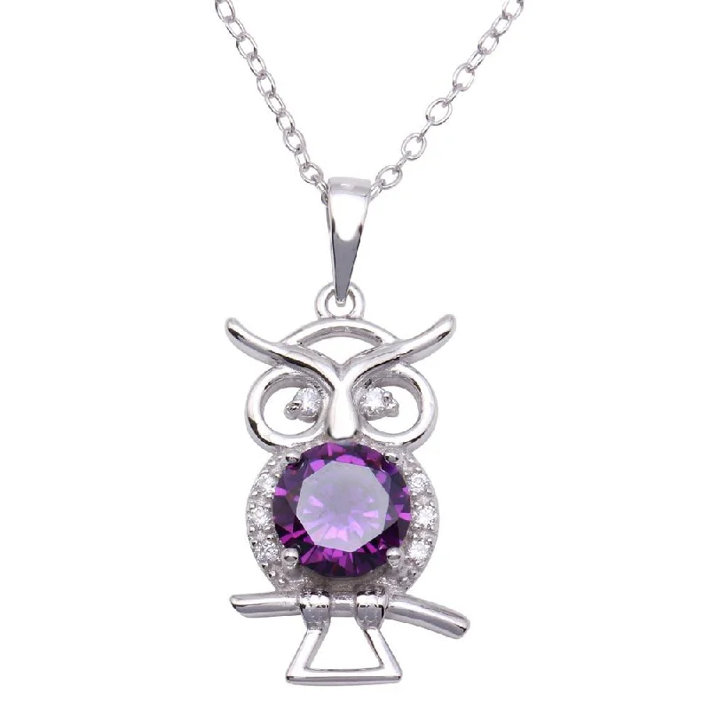 Stunning necklaces and pendants with ruby gemstones for a luxurious red hue-Rhodium Plated 925 Sterling Silver Purple CZ Owl Necklace - BGP01253