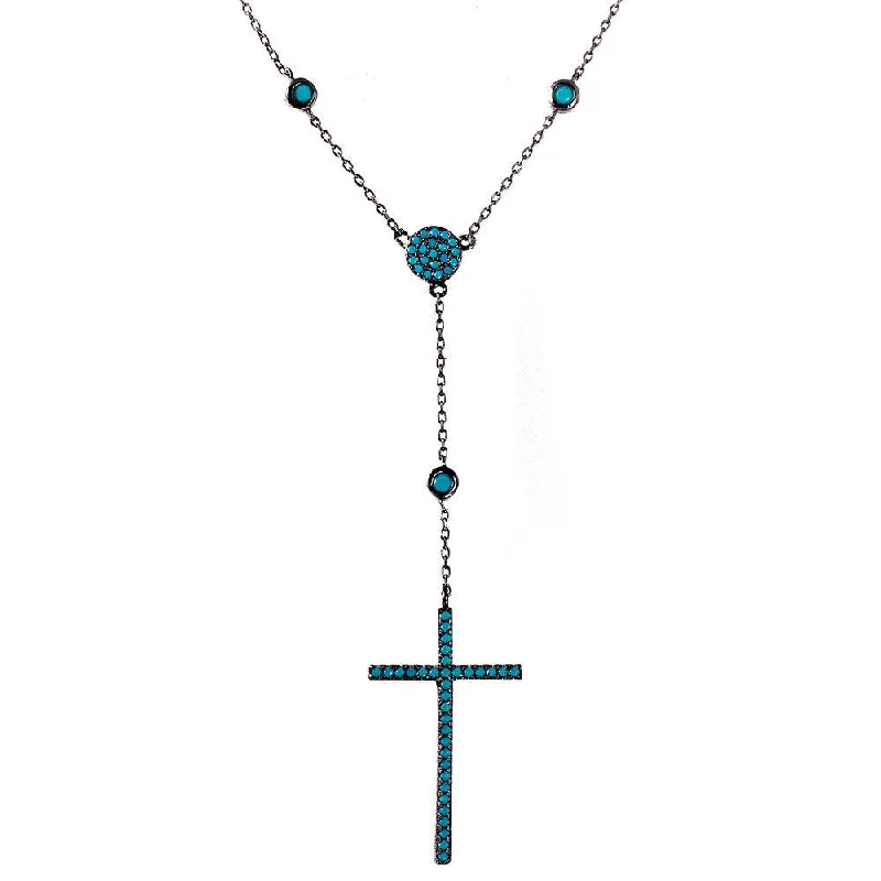 Best necklaces and pendants with opal and gold for a vibrant, luxurious contrast-Silver 925 Black Rhodium Plated Cross Necklace with Synthetic Turquoise Stones - STP01513BLK