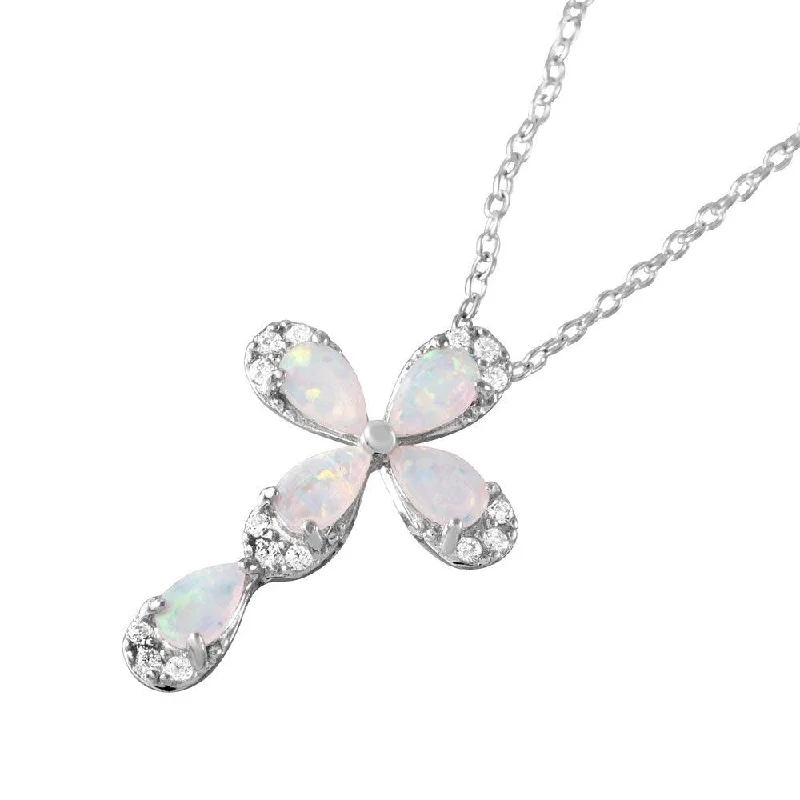 Best necklaces and pendants with intertwined designs for a symbol of unity-Silver 925 Rhodium Plated Pear Opal Clear CZ Cross Pendant Necklace - BGP01052