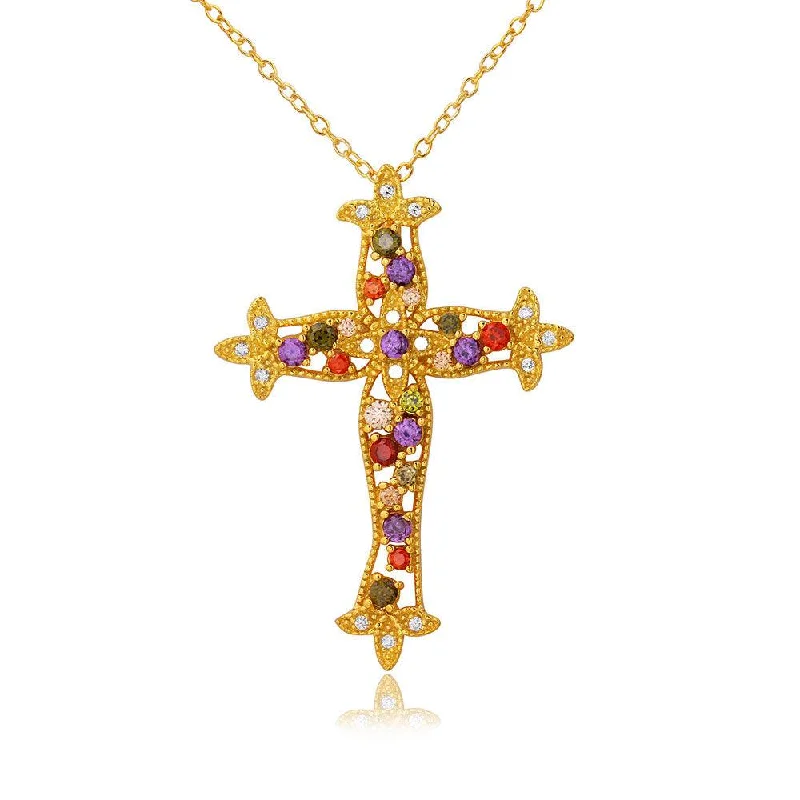 Elegant necklaces and pendants with onyx stones for a sleek, polished look-Silver 925 Gold Plated Multi Color CZ Cross Necklace - BGP01097