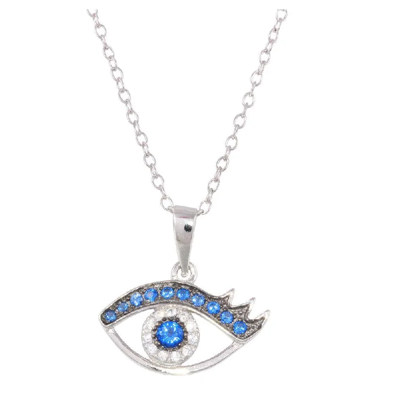 Necklaces and pendants with love knot designs for a romantic, meaningful symbol-Rhodium Plated 925 Sterling Silver Small Evil Eye Pendant Necklace with Clear and Blue CZ - BGP01230