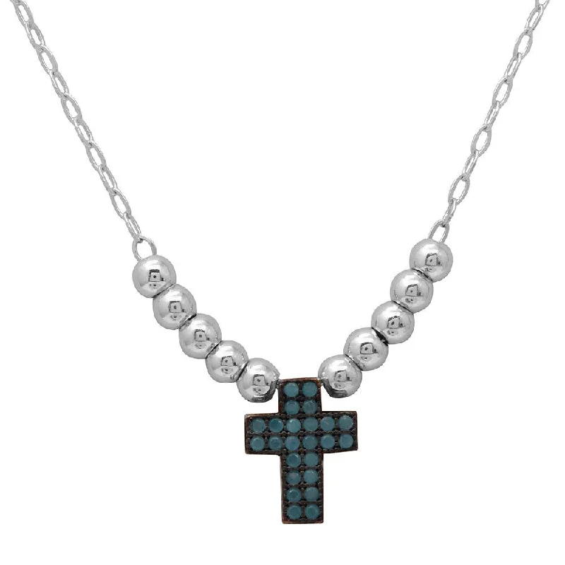 Best necklaces and pendants with personalized coordinates for a special keepsake-Rhodium Plated 925 Sterling Silver Beaded Necklace with Turquoise Stone Cross - GMN00025RB