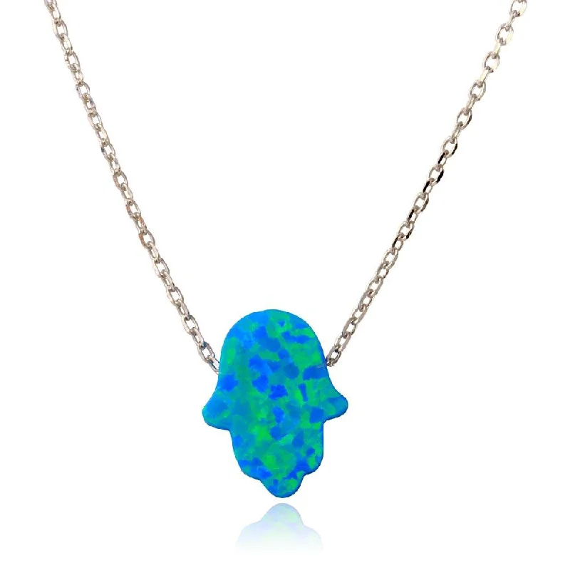 Stunning necklaces and pendants with aquamarine stones for a serene effect-Rhodium Plated 925 Sterling Silver Synthetic Blue Opal Hamsa Necklace - STP01575RH