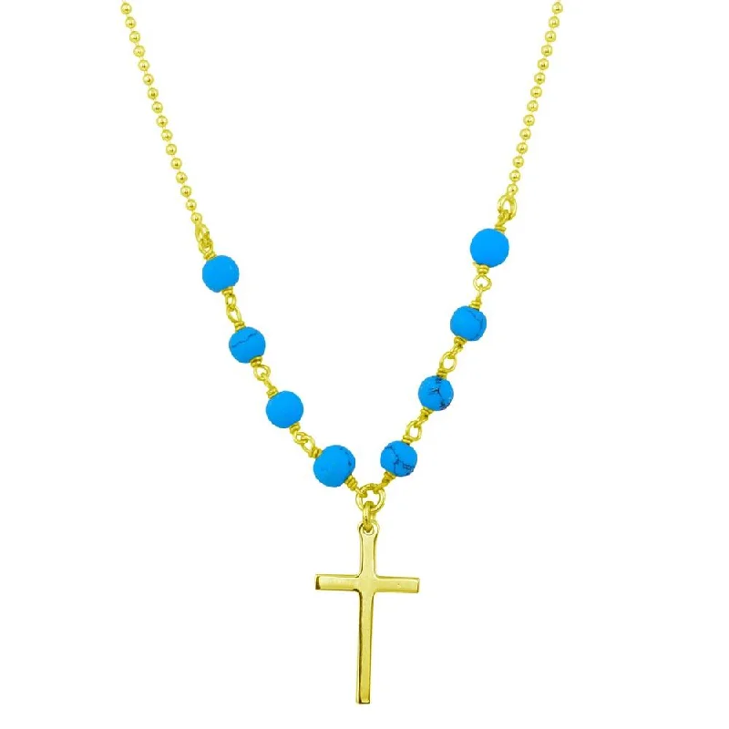 Fashionable necklaces and pendants with birthstones for a personalized gift idea-Gold Plated 925 Sterling Silver Small Cross Necklace with Turquoise Beads - DIN00089GP