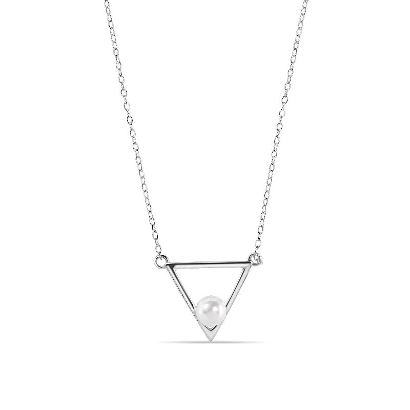 Unique necklaces and pendants with vintage-inspired designs for timeless appeal-Silver 925 Rhodium Plated Open Triangle Fresh Water Pearl Necklace - STP01492