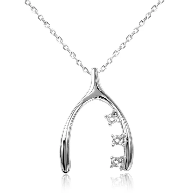 Best necklaces and pendants with zodiac signs for a celestial, astrology-inspired vibe-Silver 925 Rhodium Plated Personalized 3 Mounting Wish Bone Necklace - BGP00543