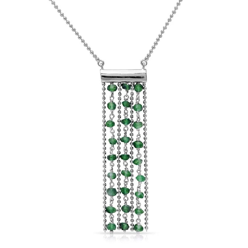 Best necklaces and pendants with emerald gemstones for a rich, sophisticated design-Rhodium Plated 925 Sterling Silver Bead Chain Necklace with Dropped Green Beads - DIN00069RH-EM