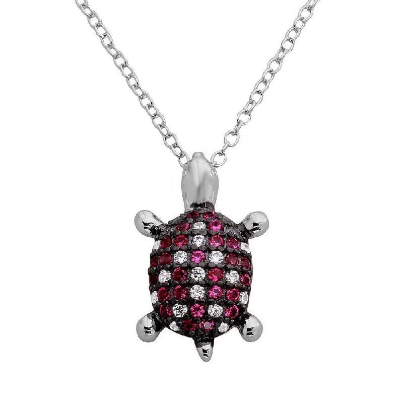 Layered necklaces and pendants for a trendy and fashionable stacked look-Rhodium Plated 925 Sterling Silver Pink and Clear CZ Turtle Necklace - BGP01126