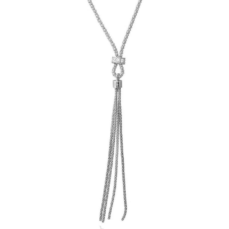 Beautiful necklaces and pendants with moon and star charms for a dreamy effect-Rhodium Plated 925 Sterling Silver Tassel Drop Necklace with Connected CZ Ring Knot - ARN00033RH