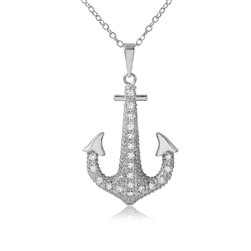 Stunning necklaces and pendants with ruby gemstones for a luxurious red hue-Silver 925 Rhodium Plated CZ Anchor Necklace - BGP01094