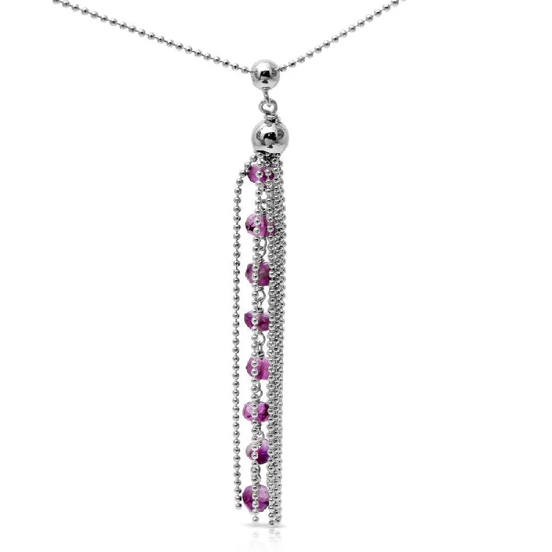 Personalized necklaces and pendants with coordinates for a meaningful location-based gift-Rhodium Plated 925 Sterling Silver Bead Chain with Dropped Purple Bead Necklace - DIN00068RH-AM