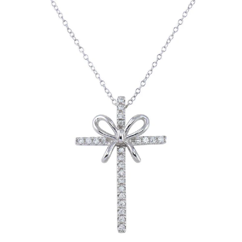 Beautiful necklaces and pendants with layered chains for a fashionable, chic look-Rhodium Plated 925 Sterling Silver Ribbon Cross Pendant Necklace with CZ - STP01619