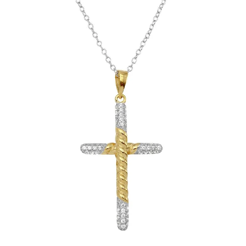 Necklaces and pendants with leaf-shaped designs for an earthy, organic feel-Two-Tone 925 Sterling Silver Rope Cross Necklace with CZ Stones - BGP01143