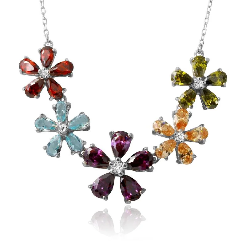 Beautiful necklaces and pendants with layered chains for a fashionable, chic look-Rhodium Plated 925 Sterling Silver 5 Multi Color CZ Flower Necklace - BGP01212