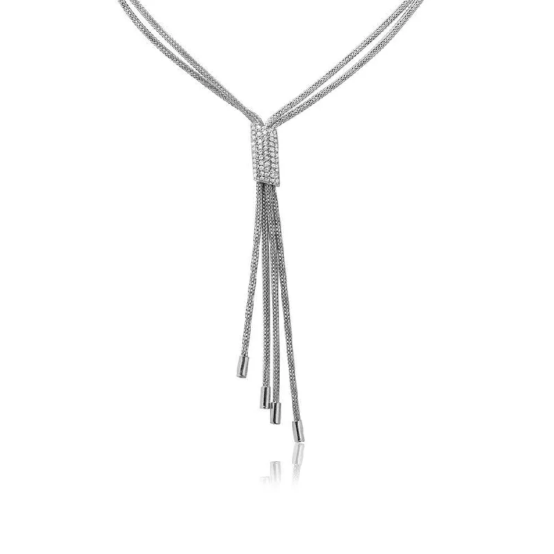 Beautiful necklaces and pendants with diamond-encrusted designs for maximum sparkle-Silver 925 Rhodium Plated Multi Strands CZ Encrusted Bar Lariat Italian Necklace - ECN00005RH