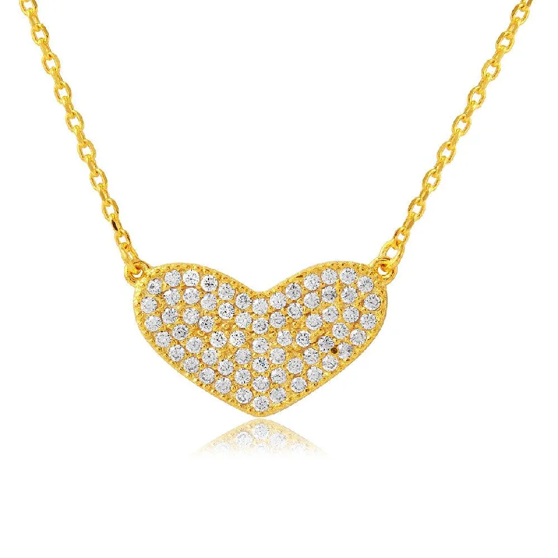 Necklaces and pendants with lock and key designs for a symbolic gesture-Silver 925 Gold Plated CZ Encrusted Heart Necklace - BGP01114