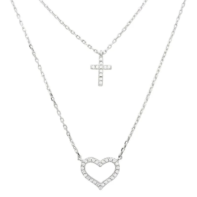 Stunning necklaces and pendants with aquamarine stones for a serene effect-Rhodium Plated 925 Sterling Silver Double Chain CZ Cross and CZ Open Heart Necklace - STP01532