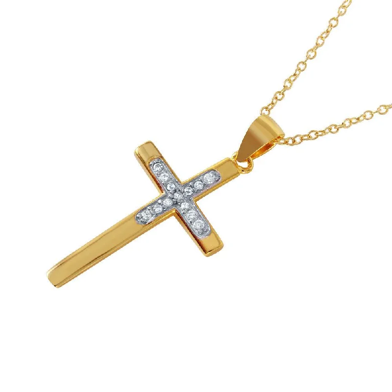 Necklaces and pendants with clear quartz for a pure and radiant look-Silver 925 Rhodium Plated CZ Inlay Gold Plated Cross Pendant Necklace - STP01494